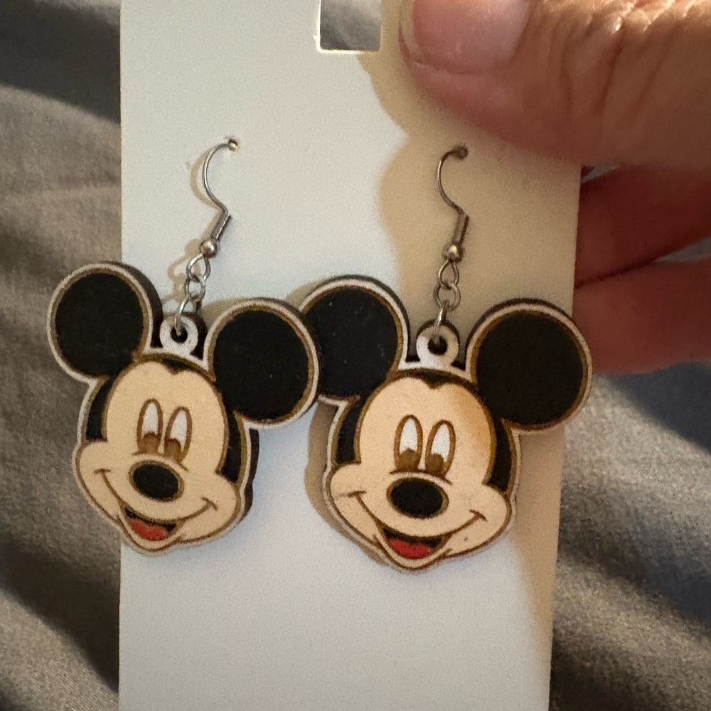Handmade light weight Mickey Mouse Earrings. Fishbook. Wooden. Hand crafted new